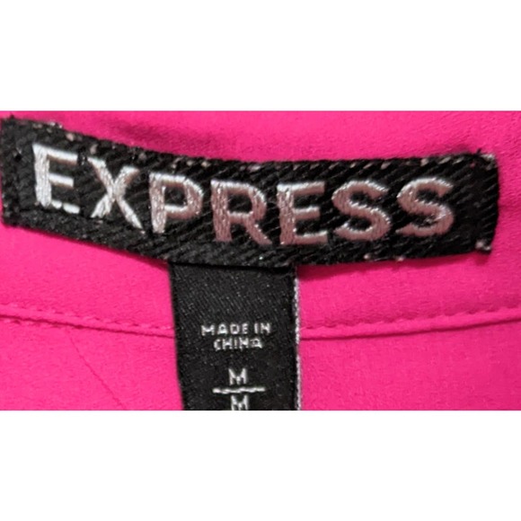 Express Womens Button Up V Neck Blouse Size M Hot Pink Long Roll Tab Sleeve Top - Picture 3 of 4